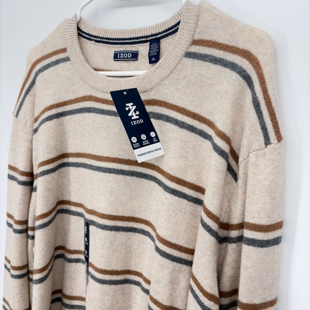 IZOD Men's XXL Beige Striped Crewneck Sweater Cotton Blend NWT